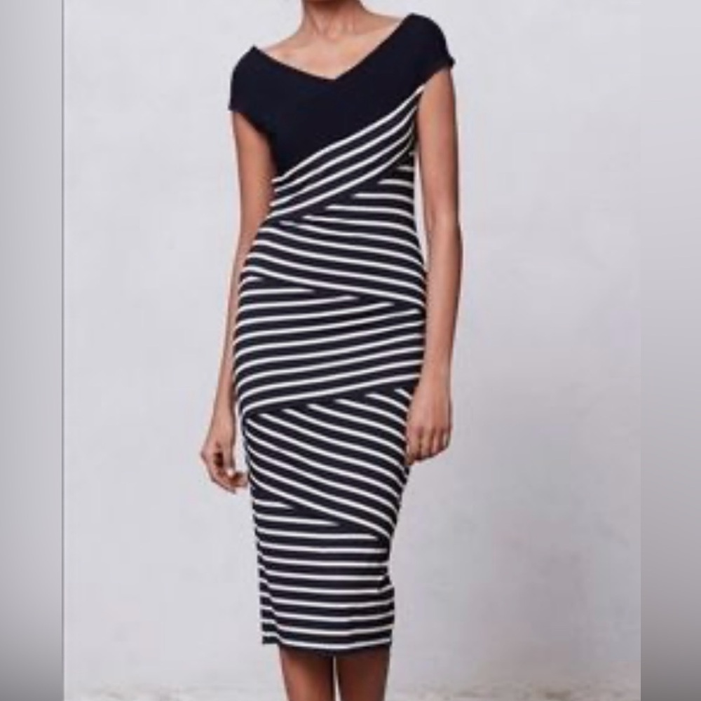 Anthropologie Navy and Cream Asymmetrical Dress
